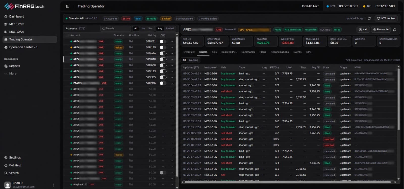 FinRAG Trading Operator showing account status, execution controls, and order records